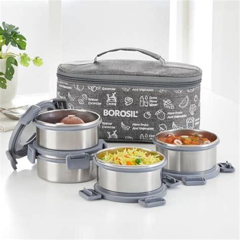 Borosil Slate Stainless Steel Lunch Box with Bag | 4 Pcs Round ...