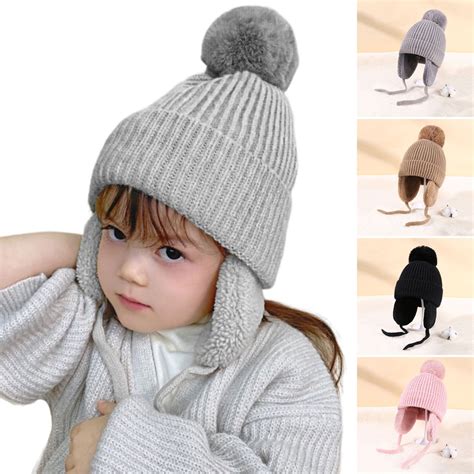 Guiexla Children Winter Hat Thick Solid Color Head Ear Plush Ball Decor ...