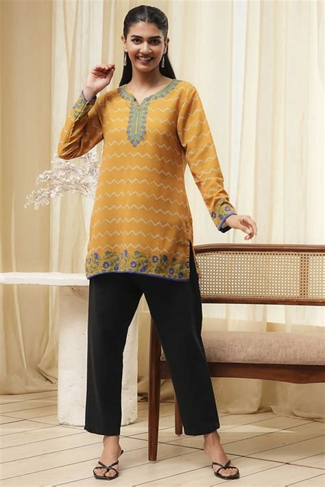 Buy Mustard Yellow Printed Straight Short Kurta Online at Biba India