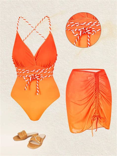 Swim Oasis 2pcs Plus Size Women Orange Deep V-Neck Drawstring One Piece ...