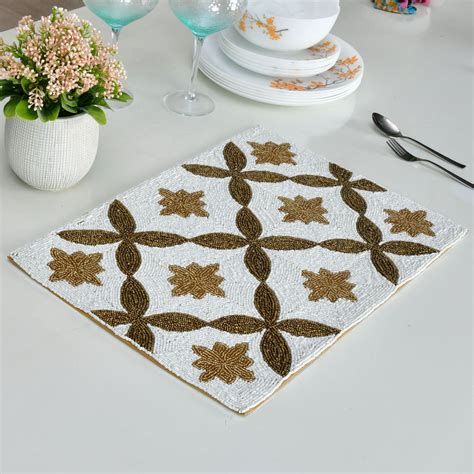 Floral Beaded Rectangular Table Placemat (Gold & Off White) – Nilkamal ...