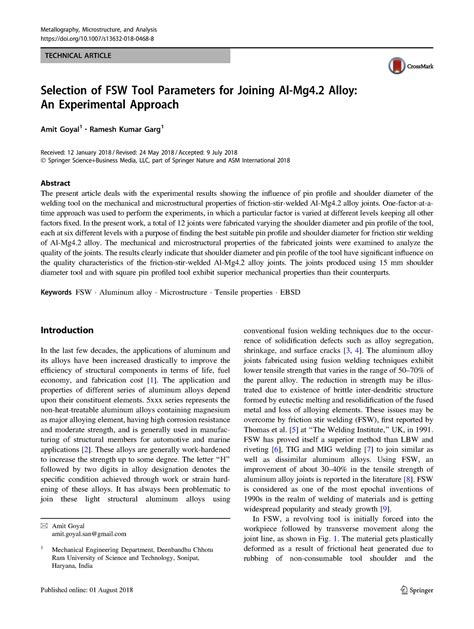 Goyal 2018 mma - TECHNICAL ARTICLE Selection of FSW Tool Parameters for ...