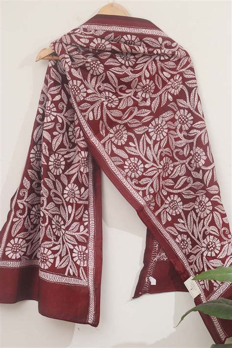 Elegant Maroon Kantha Silk Stole with Hand Embroidery – Luxurion World ...