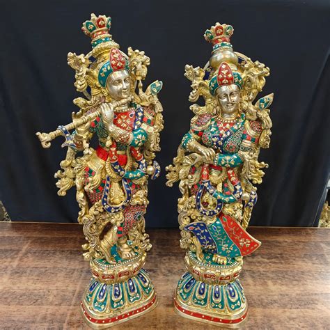 Brass Radha Krishna Idols with Meenakari jewel work - 29" Tall