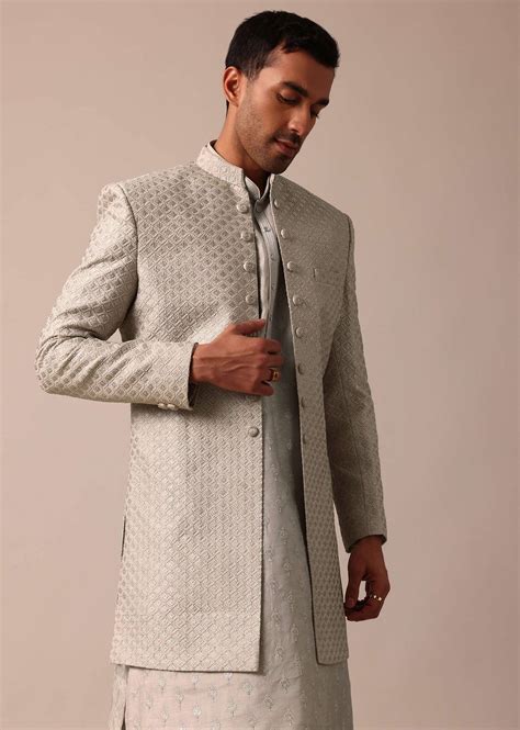 Buy Elegant Beige Silk Sherwani Set With Intricate Embroidery| KALKI ...