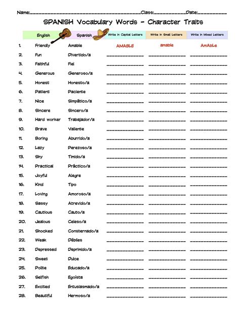 Character Trait Word List Spanish The List Of Characters (Adjectives