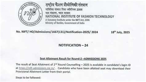 NIFT Round 2 Seat Allotment Result 2025 Released At nift.admissions.nic ...
