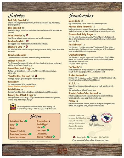 Rustic Table menu in Pawleys Island, South Carolina, USA