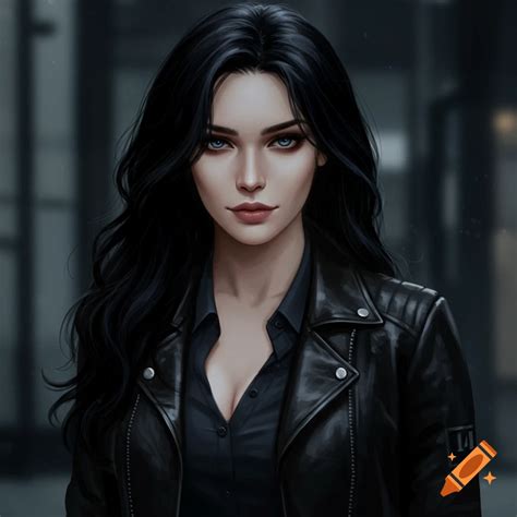 Portrait of a woman with black hair and blue eyes wearing a black shirt ...