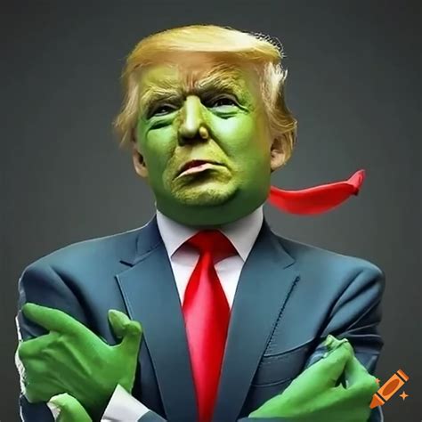 Donald trump dressed as a green mutant ninja turtle with a red bandanna