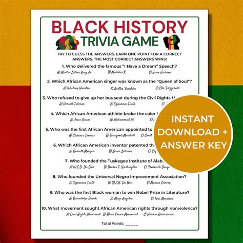 Black History Trivia Game, Printable Black History Month Game, Black ...