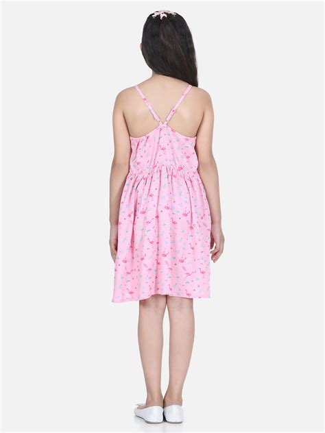Girls Pink Flamingo Printed Dress with Pom Pom Details – Stylestone