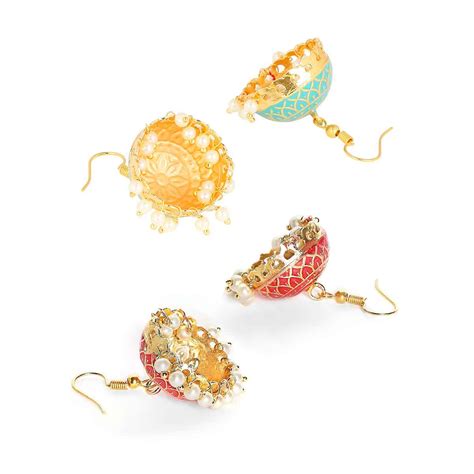 Buy OOMPH Mint Green and Red Meenakari Enamel Floral Delicate Jhumka ...