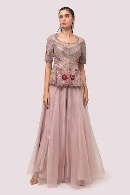 Buy Purple Organza Embroidery Floral Round Neck Peplum Top And Wide ...