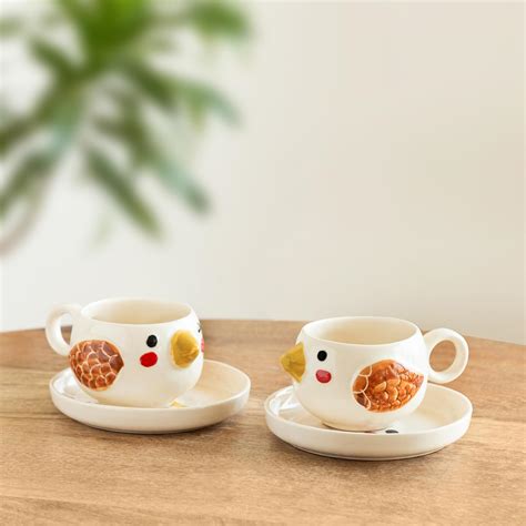 ExclusiveLane 'Pooky Bird' Hand-Painted Ceramic Tea Cup with Saucer ...