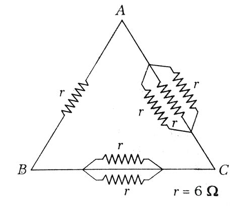 Six resistance each of value `r=5 Omega` are connected between points A ...