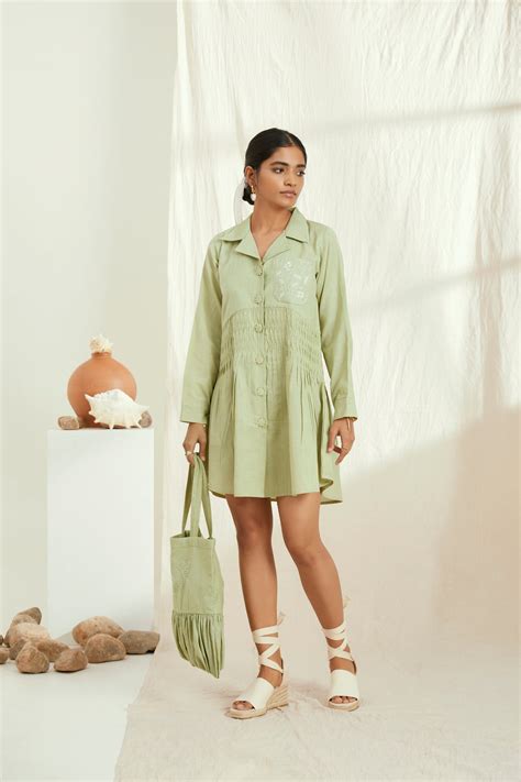 Green linen short shirt dress with hand embroidery – The right cut store