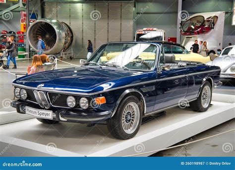 SPEYER, GERMANY - OCTOBER 2022: Blue BMW E9 2800 CS 1968 Retro Car in the Technikmuseum Speyer ...