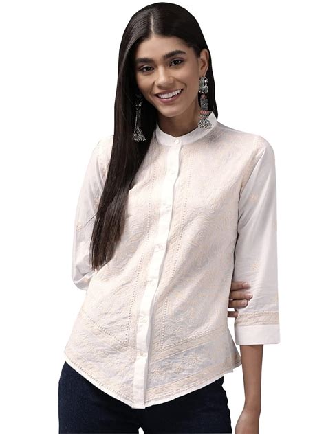 Buy Ada Hand Embroidered Cotton Lucknowi Chikankari White Short Kurti ...