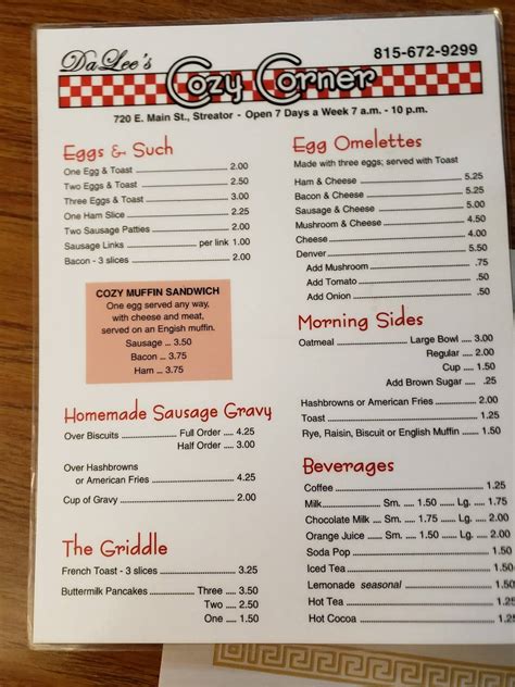 Menu at Cozy Corner Restaurant, Streator