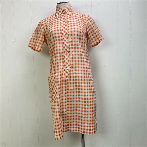 Vintage Sears Perma Press Peach White Gingham Dress B… - Gem