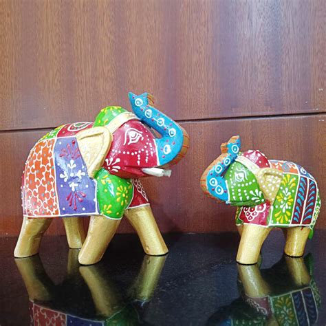 Indian Handicraft Wooden Elephant Family Set 4 inch & 3 inch I Embossed ...