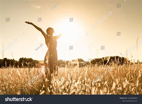 Joyful Person Raising Arms Morning Rural Stock Photo 2331845653 ...