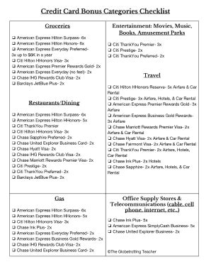 Fillable Online Credit Card Bonus Categories Checklist Fax Email Print ...