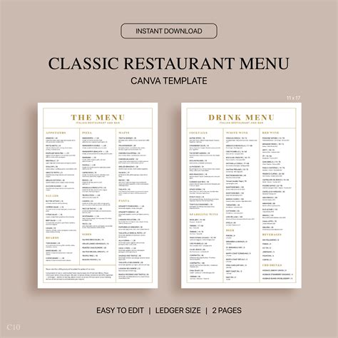 Classic Restaurant Menu Canva Template: Editable 11x17 (digital ...