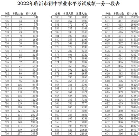 山东临沂市2022年初中学业水平考试成绩一分一段表