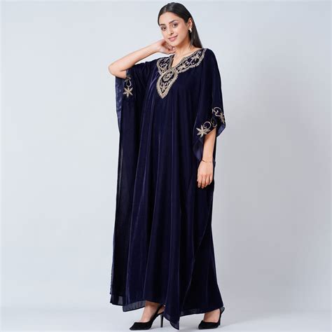 Blue Gold Embroidered Silk Velvet Full Length Kaftan – First Resort by ...