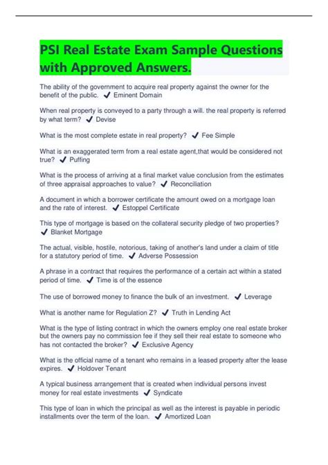 PSI Real Estate Exam Sample Questions with Approved Answers | Latest ...
