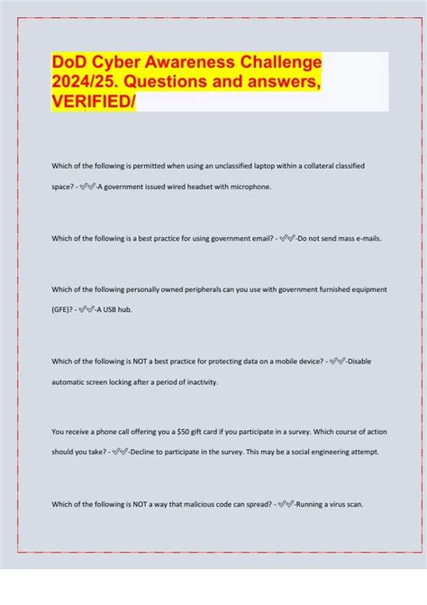 DoD Cyber Awareness Challenge 2024/25. Questions and answers, VERIF / 2024-25 Exam board exam ...