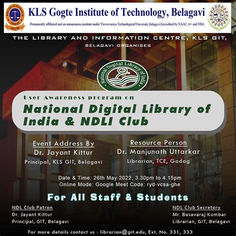 NDLI awareness program in GIT, Belagavi on 26/05/2022 @ 3.30 pm to 4.15 ...