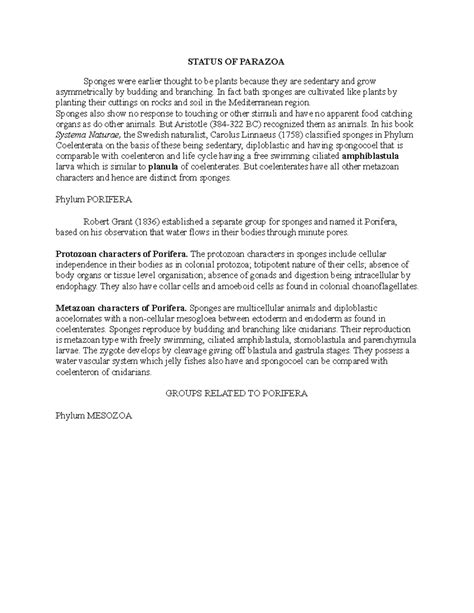 Status OF Parazoa - Lecture notes 1-3 - STATUS OF PARAZOA Sponges were ...