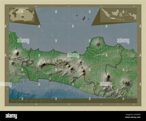 Jawa Tengah, city of Indonesia. Elevation map colored in wiki style with lakes and rivers ...