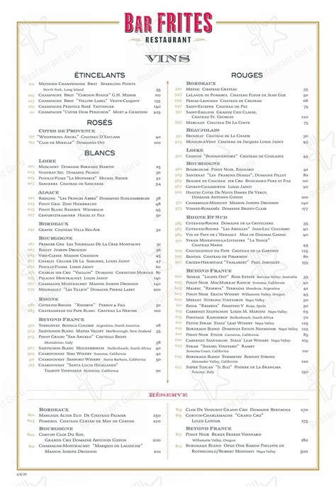 Menu at Bar Frites, Greenvale