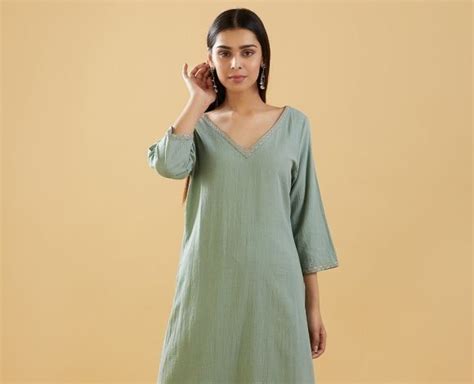 Mint Green Embroidered Cotton Kurta with Pants - Set of 2