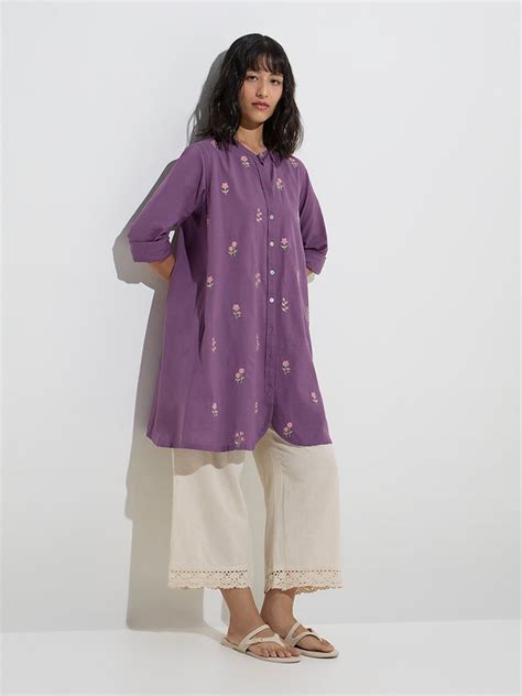 Buy Utsa Violet Floral Embroidered Cotton-Blend Kurta from Westside