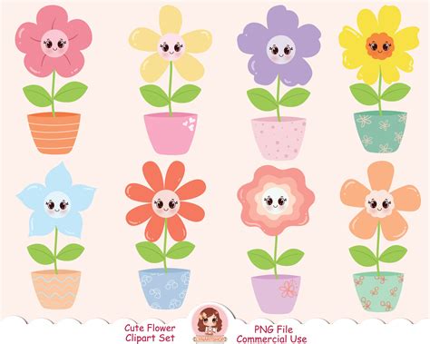 Cute Flower Vector Clipart Set, Commercial Use, Flowers Clip Art ...