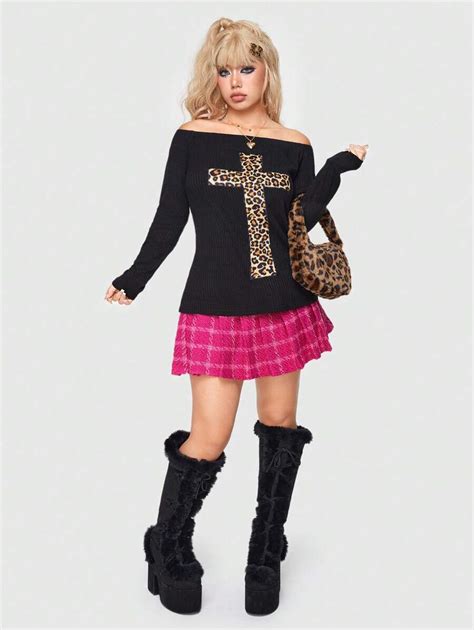 ROMWE J-Fashion Women's Gyaru Leopard Cross Print Off Shoulder T-Shirt ...