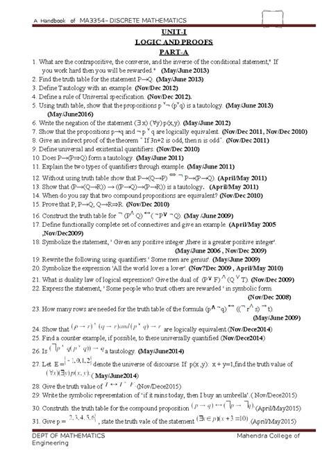 MA3354-DM QB minnampalli - UNIT-I LOGIC AND PROOFS PART-A What are the ...