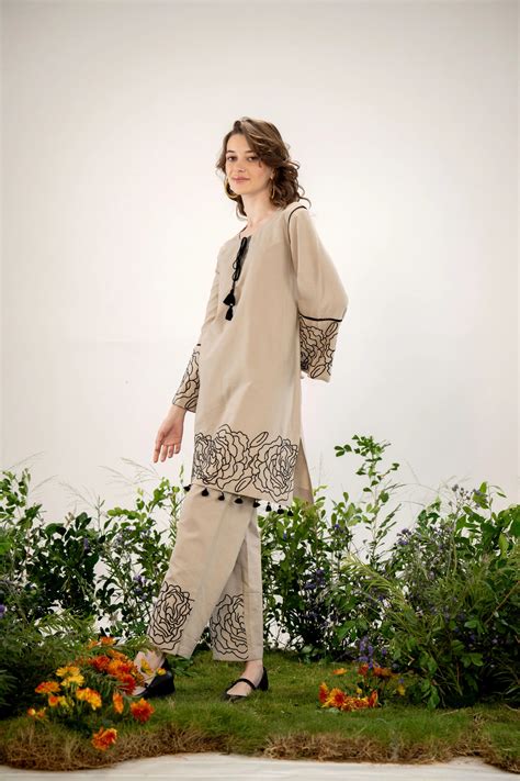 Royal Beige Floral Border Embroidered Co-ord Set in Cotton Flex – Kaftanize