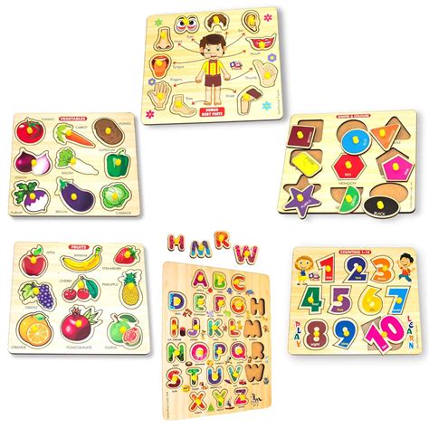 BuGBee Wooden Puzzle Games for Kids Combo of Shapes Number Alphabets ...
