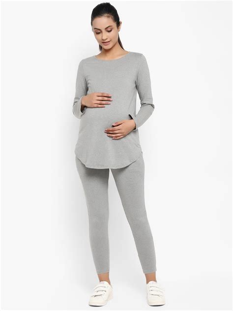 Long Sleeve Maternity T-Shirt with Overbelly Legging - Grey