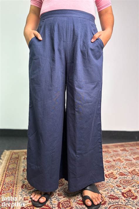 Navy Blue Cotton Parallel Pants for Women with Pockets- Lobha Deepthis