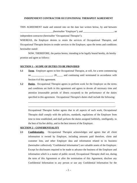Occupational Therapist Agreement - Self-Employed Independent Contractor ...