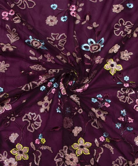 Wine Colour Sequin Net Embroidery Fabric