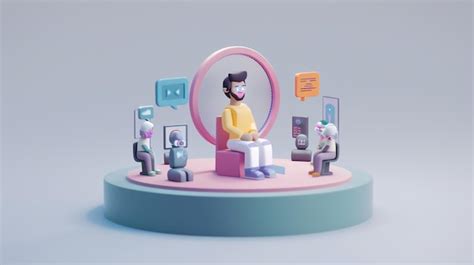 A 3d cartoon of a man sitting in a circle being surrounded by avatars ...