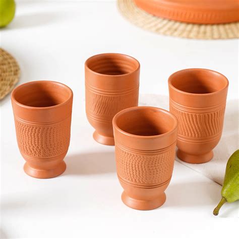 Footed Terracotta Clay Glasses Set Of 4 300ml Online - Premium Tumbler ...
